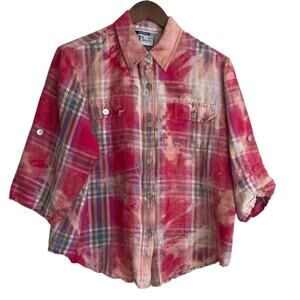 Stonebridge Women Camp Top L Colorful Abstract Plaid Button Up Linen Blend Artsy